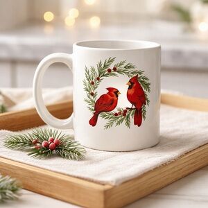 Cardinals in A Wreath Ceramic Christmas Coffee Mug